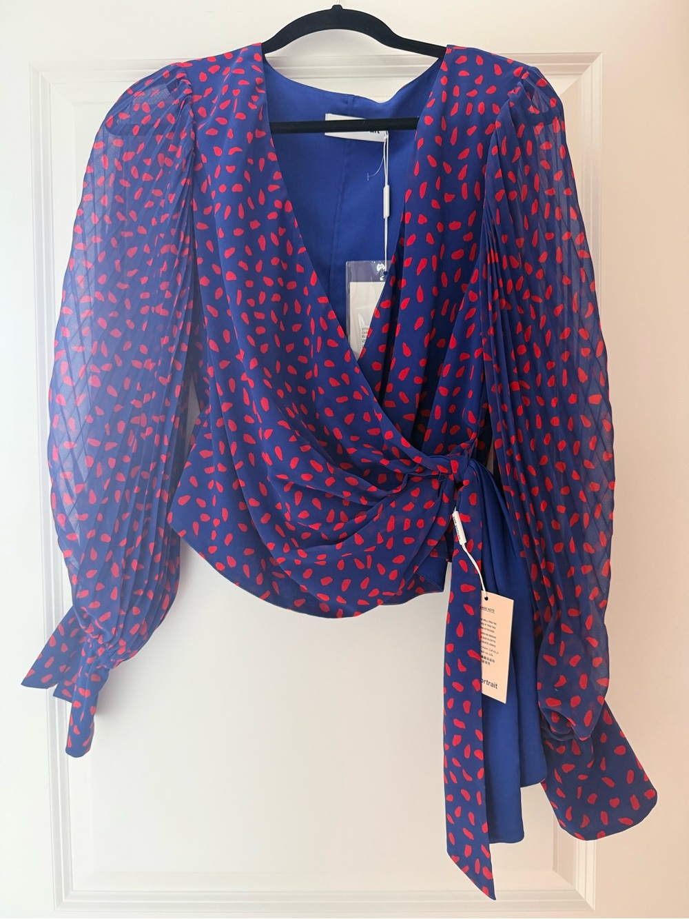 Self-Portrait Blue Wrap Blouse with Red Spot Print